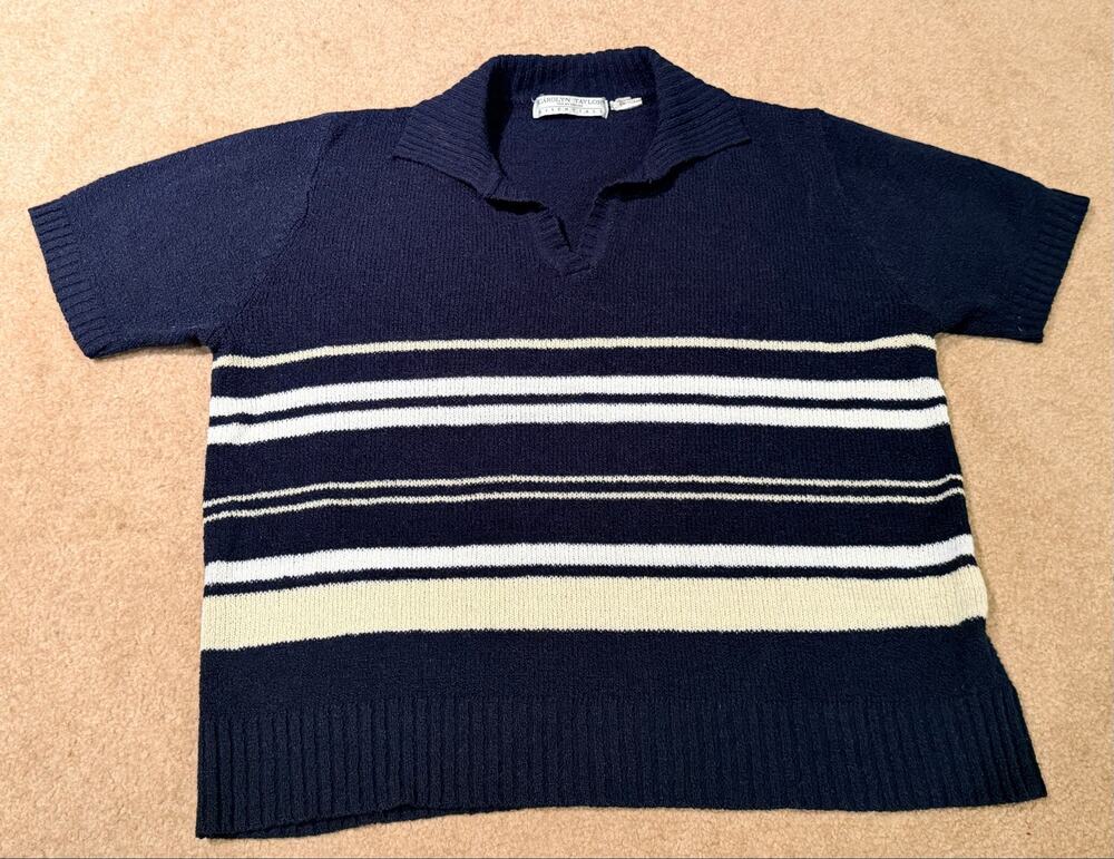 Carolyn Taylor Essentials Vintage Knit Polo Shirt Blue Striped Short Sleeve SZ M